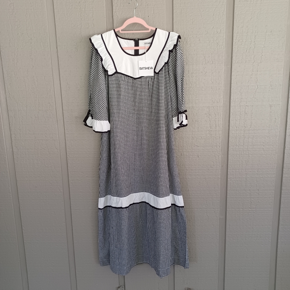 Batsheva Flutter House Midi Dress Size L Women Prairie Black and White Gingham